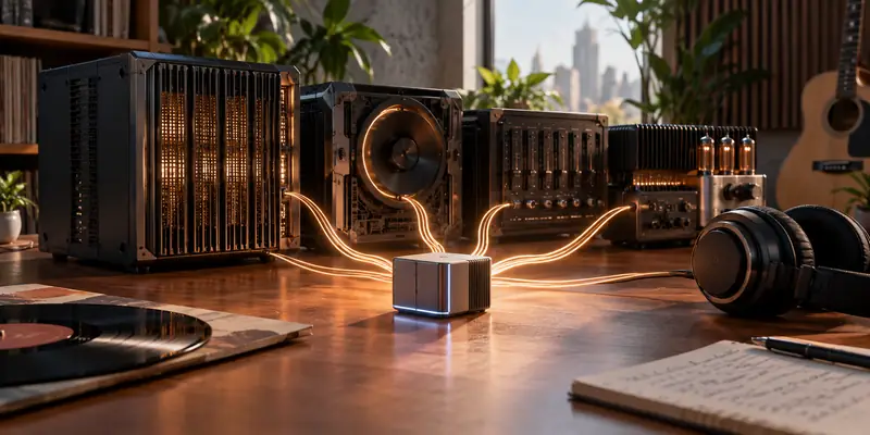 Editorial illustration of a small music-generation component connected to a larger audio system.
