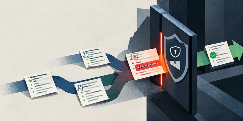 Editorial illustration of pull requests reaching a security gate, with one secret-bearing change blocked while a clean change passes.